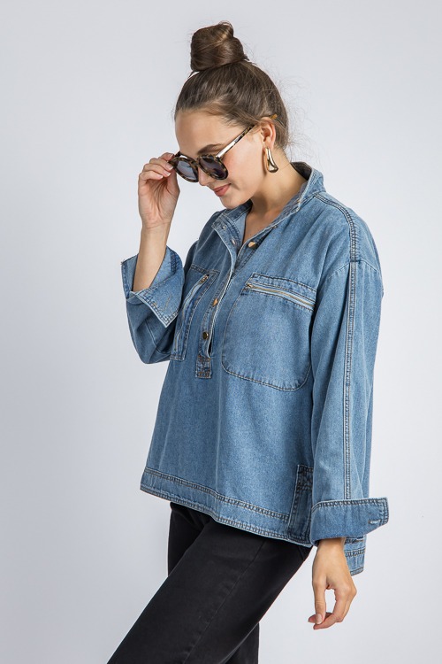 Half Button Denim Shirt - New Arrivals - The Blue Door Boutique